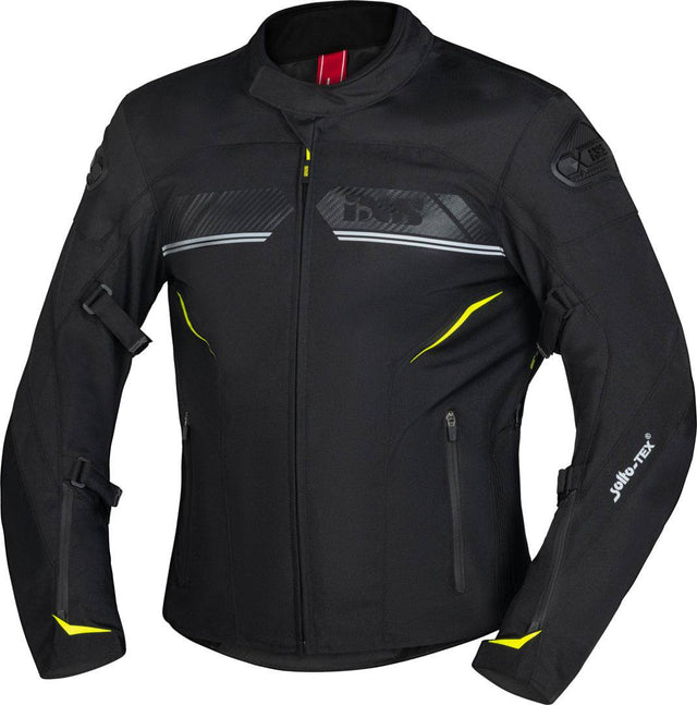 Schwarze iXS Sport Tourenjacke Carbon-ST aus robustem Material, sichtbar mit Reißverschlüssen und sportlichem Design.