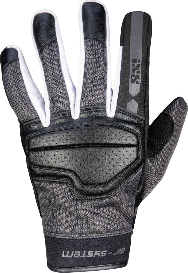 Schwarze und dunkelgrau-weiße iXS Classic Handschuh Evo-Air, atmungsaktiver Fahrrad- oder Motorradhandschuh, Nahaufnahme