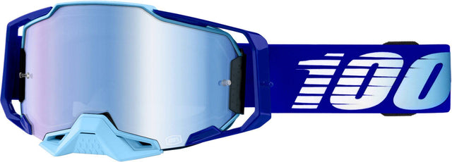 100% Armega Motocrossbrille Royal Mirror Blue, MX-Brille mit blauer Spiegelscheibe und robustem Rahmen.
