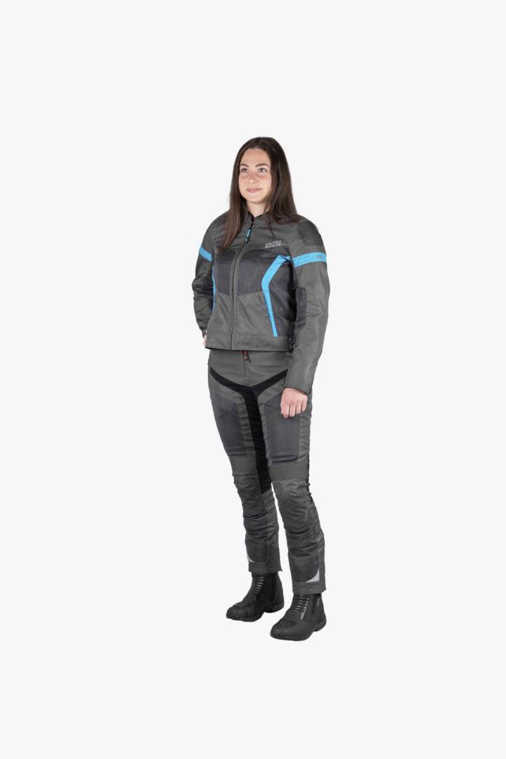 Dunkelgraue Damen-Touringjacke iXS Sport Trigonis-Air mit türkisen Akzenten, atmungsaktiv und für Outdoor-Abenteuer geeignet