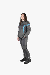 Dunkelgraue Damen Tourenjacke iXS Trigonis-Air mit Türkis-Details, sportliches Design und atmungsaktives Material