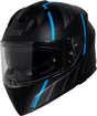 Schwarzer iXS Integralhelm iXS217 2.0 mit türkisen Akzenten, vollvisier, für Motorradfahrer, auf einem Motorradhelm-Hintergrund.