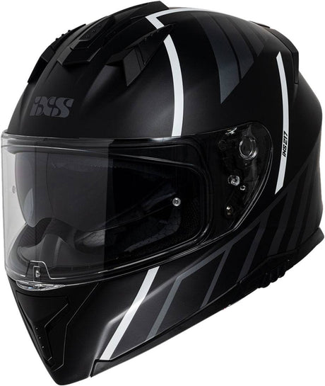 Schwarzer und weißer iXS Integralhelm iXS217 2.0 mit mattem Finish, Schutzhelm für den Motorradsport, Blick auf die Helmschale