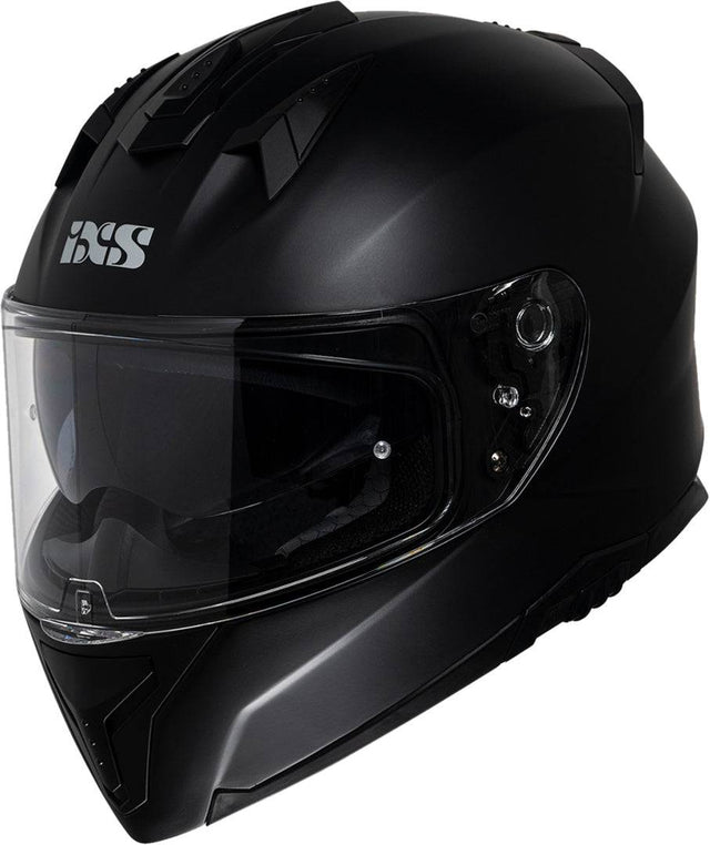 Matt schwarzer iXS Integralhelm iXS217 1.0 mit klarem Visier, vollumfänglicher Schutz, für Motorradfahrer.