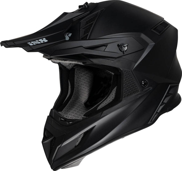 Schwarzer iXS Motocrosshelm iXS189FG 1.0 in matt mit Visier und Belüftungsöffnungen, für sicheren Schutz beim Motocross.