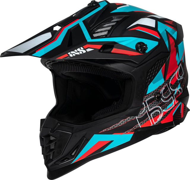 Schwarzer, matter iXS Motocrosshelm iXS363 2.0 mit petrol-rot Akzenten, sicherer Schutz, Belüftung und Visier.