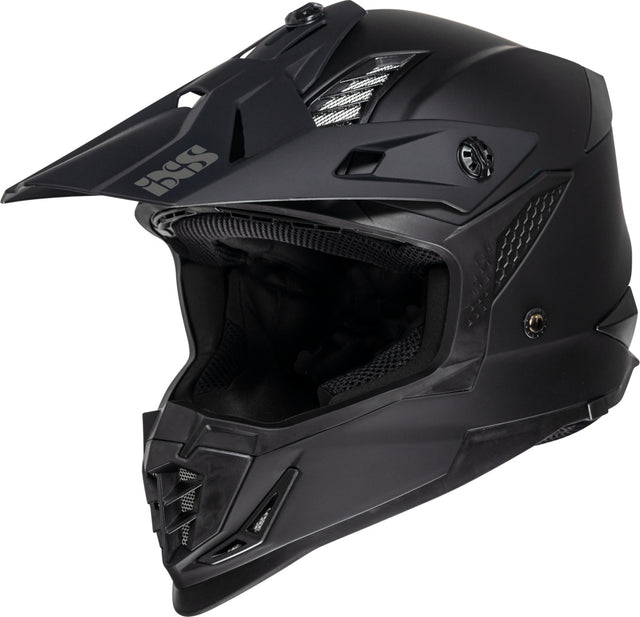 Schwarzer iXS Motocrosshelm iXS363 1.0 in mattem Finish, mit Visier und Belüftungsöffnungen für sicheren Schutz beim Motocross