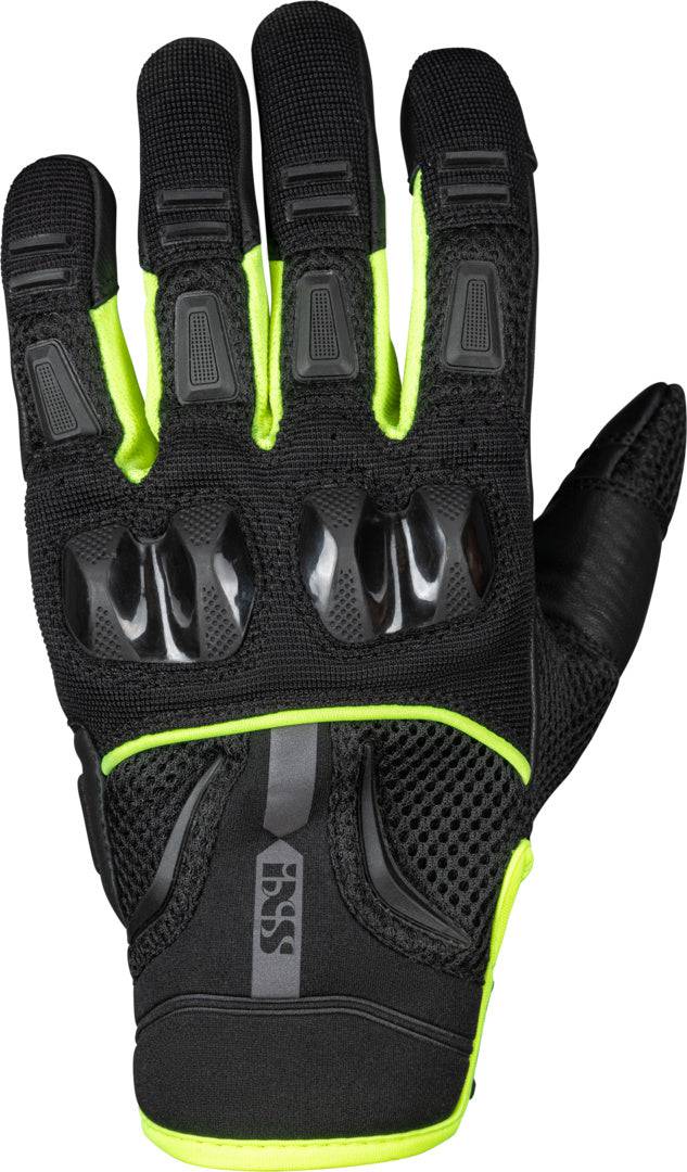 Schwarze iXS Tour Handschuhe Matador-Air 2.0 mit gelb fluo Akzenten, atmungsaktives Material, für Radfahrer oder Motorsport.