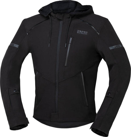 Schwarze iXS Classic SO Jacke für Motorräder, robuste Lederjacke mit Schutzdetails, auf einem model getragen