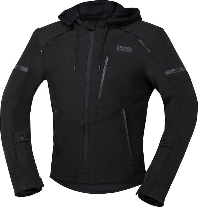 Schwarze iXS Classic SO Jacke für Motorräder, robuste Lederjacke mit Schutzdetails, auf einem model getragen