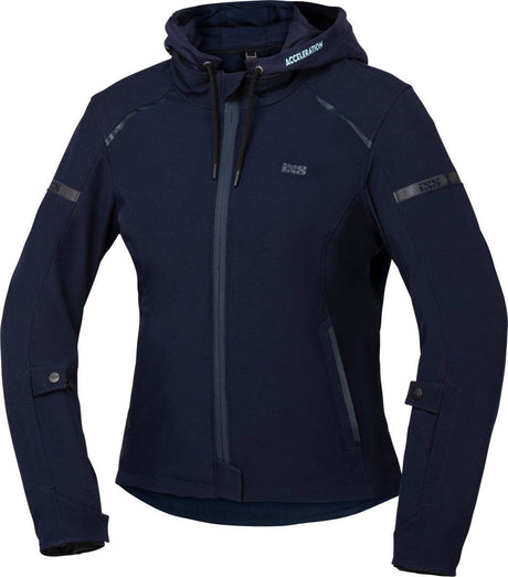 Blaue iXS Classic Damen Motorradjacke Moto 2.0, robuste Jacke mit Schutz und stilvollem Design, auf einem Model getragen