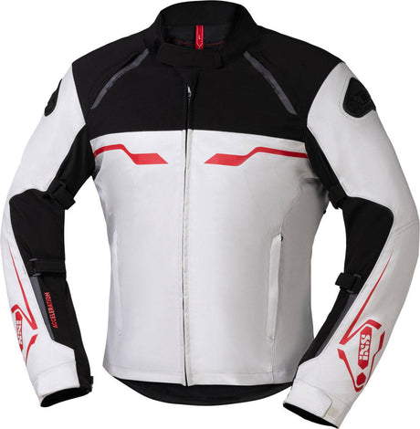 iXS Sport Jacke Hexalon-ST in Weiß, Schwarz und Rot, touring Jacke für Motorradfahrer, zeigt Frontansicht mit Reißverschlüssen und Protektoren