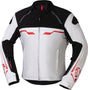 iXS Sport Jacke Hexalon-ST in Weiß, Schwarz und Rot, touring Jacke für Motorradfahrer, zeigt Frontansicht mit Reißverschlüssen und Protektoren