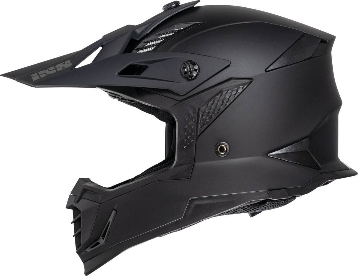 Schwarzer iXS Motocrosshelm iXS363 1.0 in mattem Schwarz, mit Visier und Belüftungsöffnungen, auf einer weißen Oberfläche.