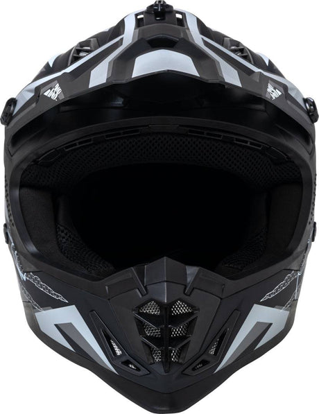 Schwarzer iXS Motocrosshelm iXS363 2.0 in matt schwarz, anthrazit und weiß mit Visier und Belüftungsöffnungen.