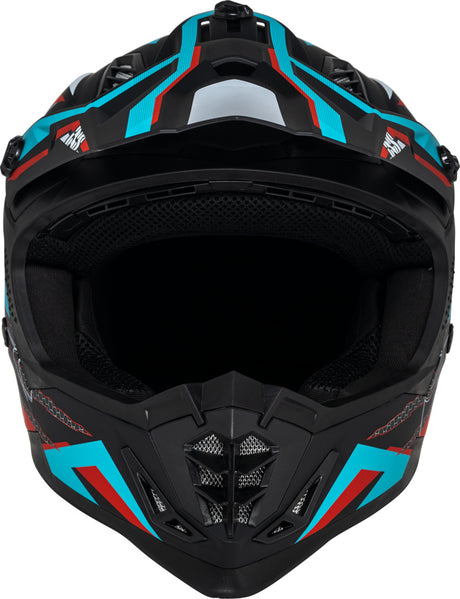 Schwarzer, matter iXS Motocrosshelm iXS363 2.0 mit Petrol- und Rot-Details, leichter Schutzhelm für Offroad-Motorradfahrer