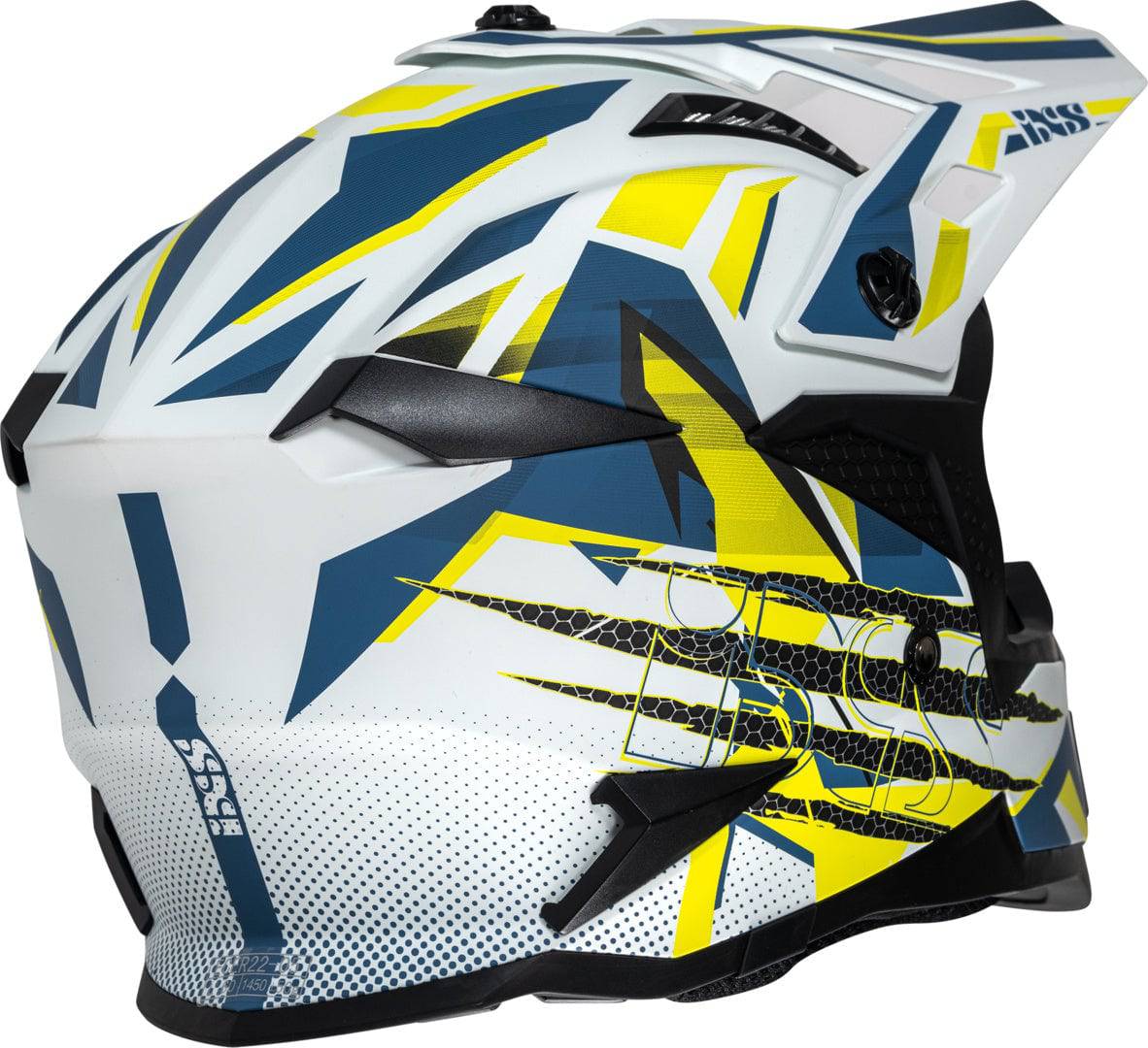 iXS Motocrosshelm iXS363 2.0 in mattschwarz-Weiß-Blau-Gelb Fluo, mit Schutzvisier und Belüftungssystem