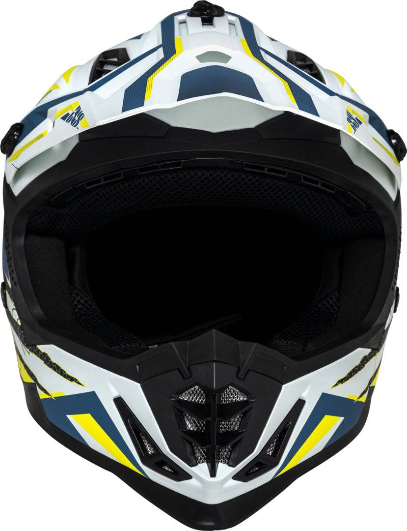 iXS Motocrosshelm iXS363 2.0 in mattschwarz, weiß-blau-gelb fluo, mit Visier und Belüftungsöffnungen