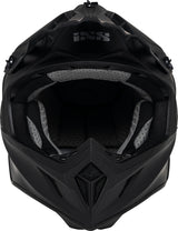 Mattschwarzer iXS Motocrosshelm iXS189FG 1.0 mit Visier und Belüftungsöffnungen, Blick auf die aerodynamische Form des Helms