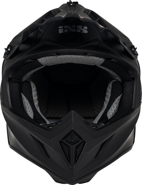 Mattschwarzer iXS Motocrosshelm iXS189FG 1.0 mit Visier und Belüftungsöffnungen, Blick auf die aerodynamische Form des Helms
