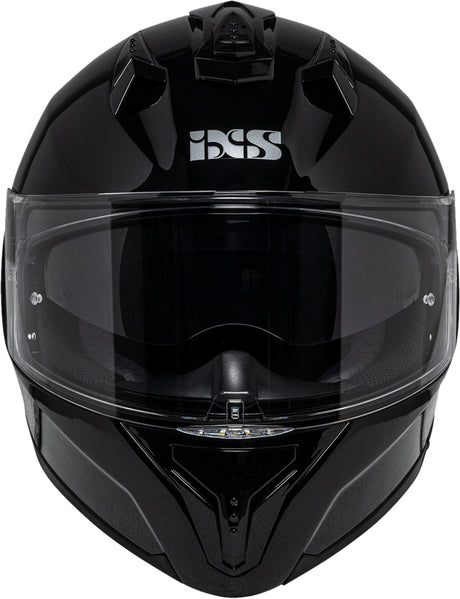 Schwarzer iXS Integralhelm iXS217 1.0 mit klarer Visier, sicherer Schutz für Motorradfahrer, detailreiche Nahaufnahme