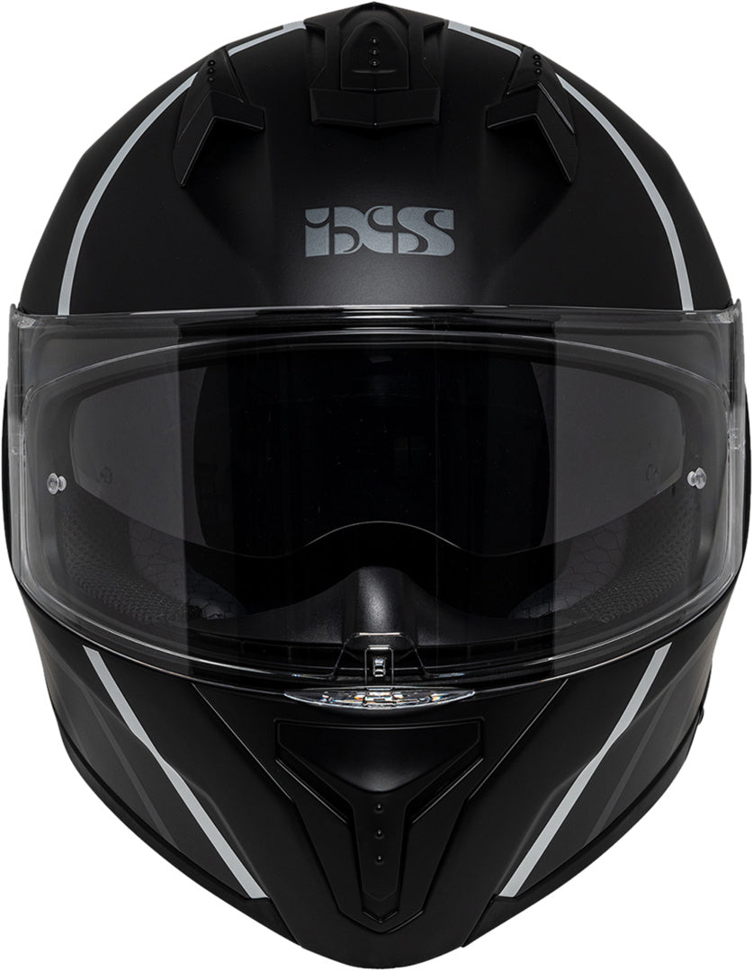 Schwarzer und weißer iXS Integralhelm iXS217 2.0 mit matt Finish, Sichtfeld und Belüftungsöffnungen, für sicheren Fahrrad- oder Motorradschutz.
