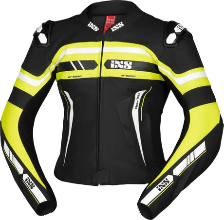 Schwarz-gelbe, weiße iXS Lederkombi 2-teilig, Sport LD RS-700, mit Schutzpolsterung und sportlichem Design.