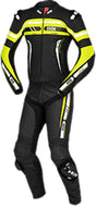 Schwarze, gelb-weiße iXS Lederkombi 2-teilig Sport LD RS-700, sportliches Motorrad-Establishment, Textil- und Lederoberfläche