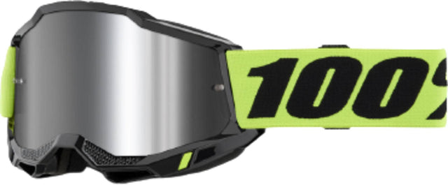 Motocrossbrille 100Percent Accuri 2 Neon Gelb mit silberner Spiegellinse, flexible Rahmen und strapazierfähiges Design.