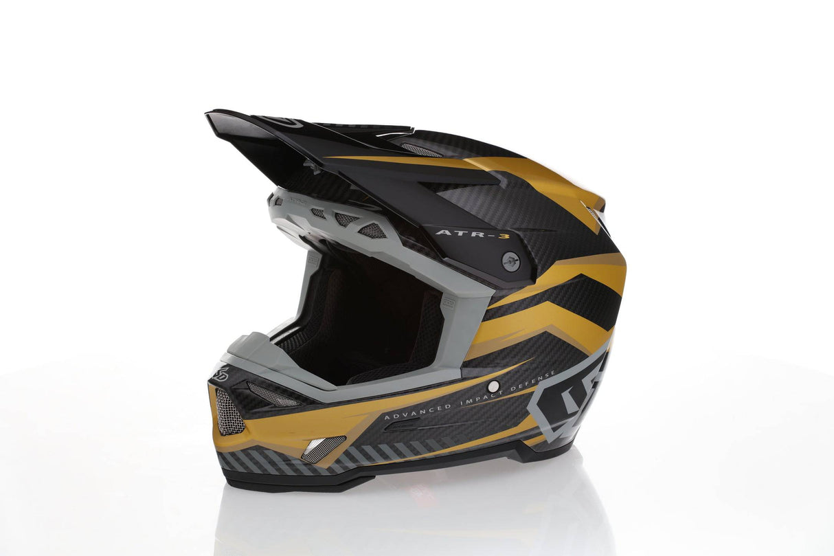 Motocrosshelm 6D ATR-3 Rival Gloss Gold FIM mit goldener glänzender Oberfläche und robustem Design.