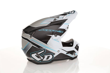 Weißer 6D ATR-3 Reflex Gloss Motocrosshelm mit Schutzvisier und Belüftungsöffnungen, modernes Design, seitliche Markierungen.