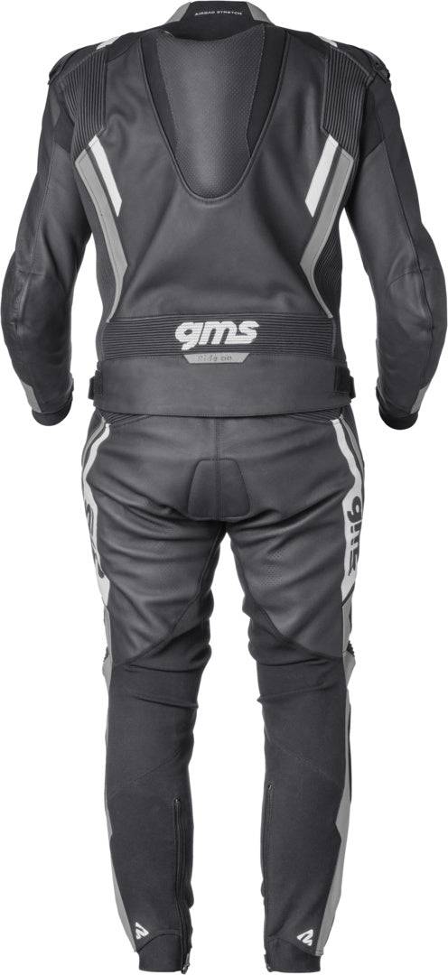 Gms Lederkombi GR-1 2-teilig in Schwarz, Grau und Weiß, Lederkombi für Motorradfahrer, zeigt den sportlichen Anzug mit Protektoren.