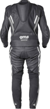 Gms Lederkombi GR-1 2-teilig in Schwarz, Grau und Weiß, Lederkombi für Motorradfahrer, zeigt den sportlichen Anzug mit Protektoren.