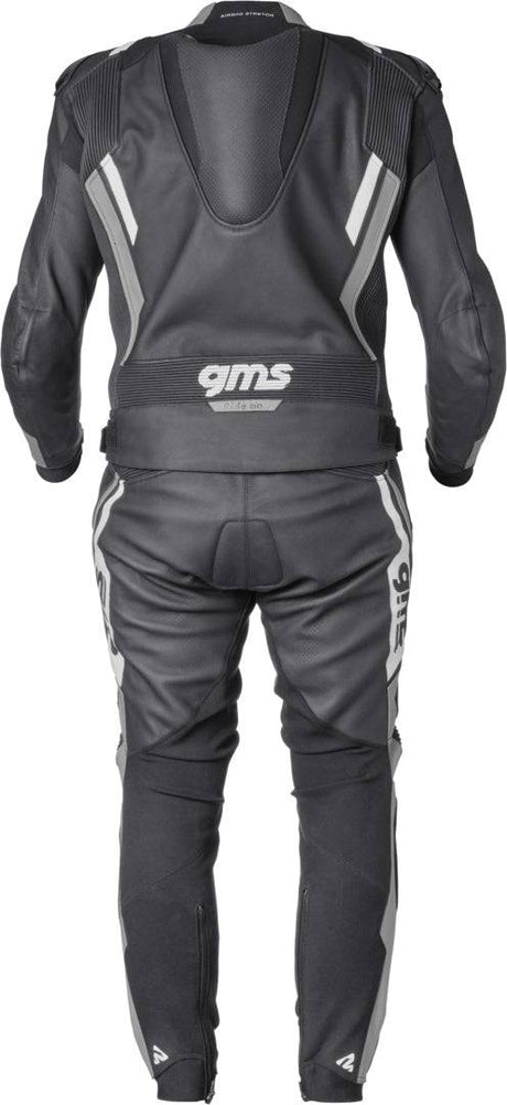 Gms Lederkombi GR-1 2-teilig in Schwarz, Grau und Weiß, Lederkombi für Motorradfahrer, zeigt den sportlichen Anzug mit Protektoren.