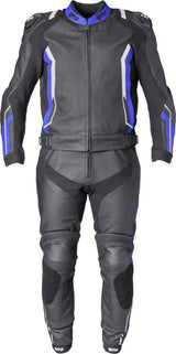 Gms Lederkombi GR-1 2-teilig in schwarz-blau-weiß, enganliegendes Motorradlederanzug mit Protektoren, Blick auf Details und Material.