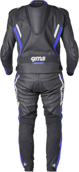 GMS Lederkombi GR-1 2-teilige Kombi in Schwarz, Blau und Weiß mit robustem Leder, geeignet für Motorradfahrer.