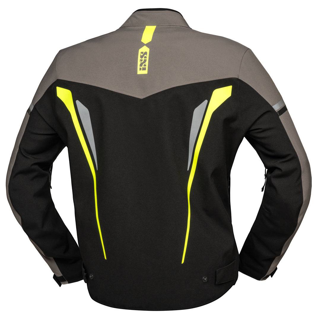 Schwarze, grau-fluo gelbe iXS Tourenjacke TS-Pro ST+ mit reflektierenden Details und sportlichem Design.
