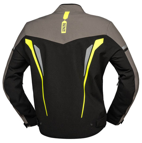 Schwarze, grau-fluo gelbe iXS Tourenjacke TS-Pro ST+ mit reflektierenden Details und sportlichem Design.