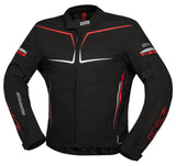 Schwarze und rote iXS Tourenjacke TS-Pro ST+ mit reflektierenden Details und robustem Material, geeignet für Motorradfahrer.
