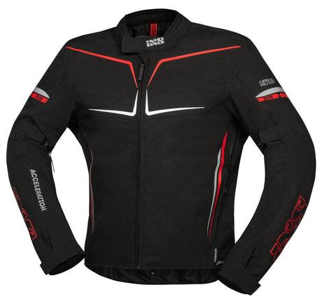 Schwarze und rote iXS Tourenjacke TS-Pro ST+ mit reflektierenden Details und robustem Material, geeignet für Motorradfahrer.