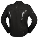 Schwarze iXS Sport Jacke TS-Pro ST+ für Touring, wasserdicht und atmungsaktiv, mit reflektierenden Elementen, auf einem Bügel aufgehängt