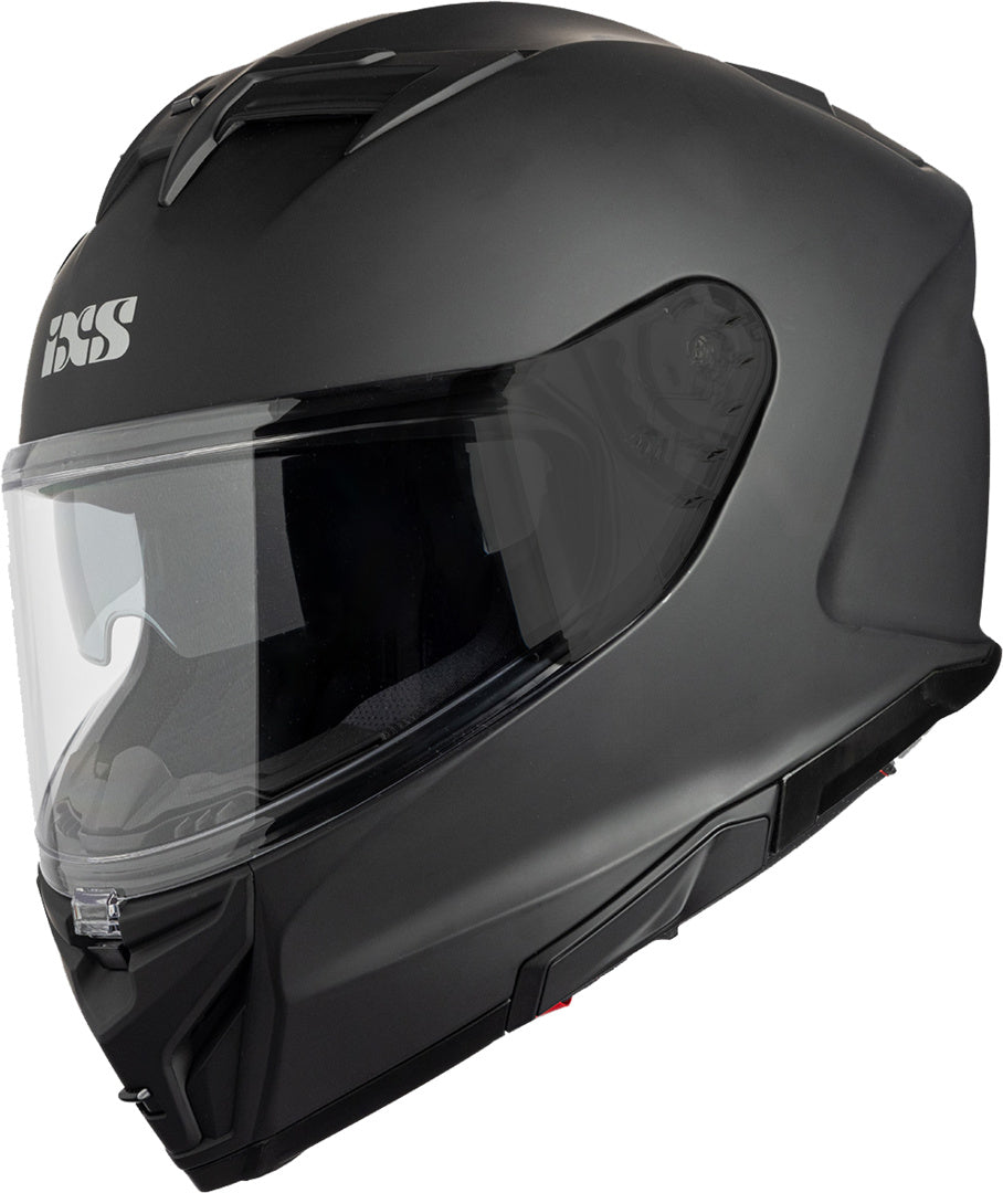 Schwarzer iXS Integralhelm iXS912 SV 1.0 in matt, mit klarer Visier und aerodynamischem Design, auf einem Motorrad display