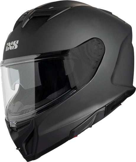 Schwarzer iXS Integralhelm iXS912 SV 1.0 in matt, mit klarer Visier und aerodynamischem Design, auf einem Motorrad display