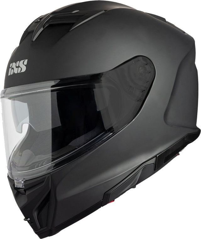 Schwarzer iXS Integralhelm iXS912 SV 1.0 in matt, mit klarer Visier und aerodynamischem Design, auf einem Motorrad display