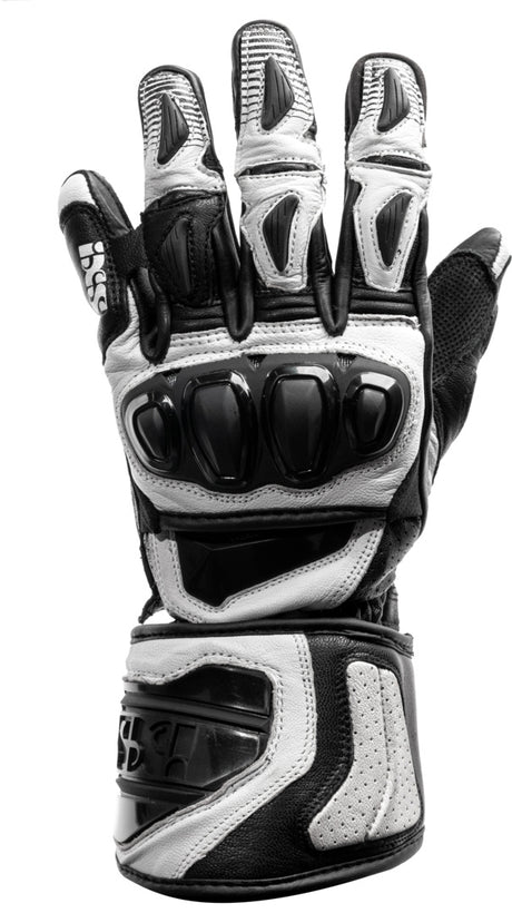 Schwarze und weiße iXS Handschuhe Sport RS-300 2.0 mit gepolsterten Handflächen und robustem Design.
