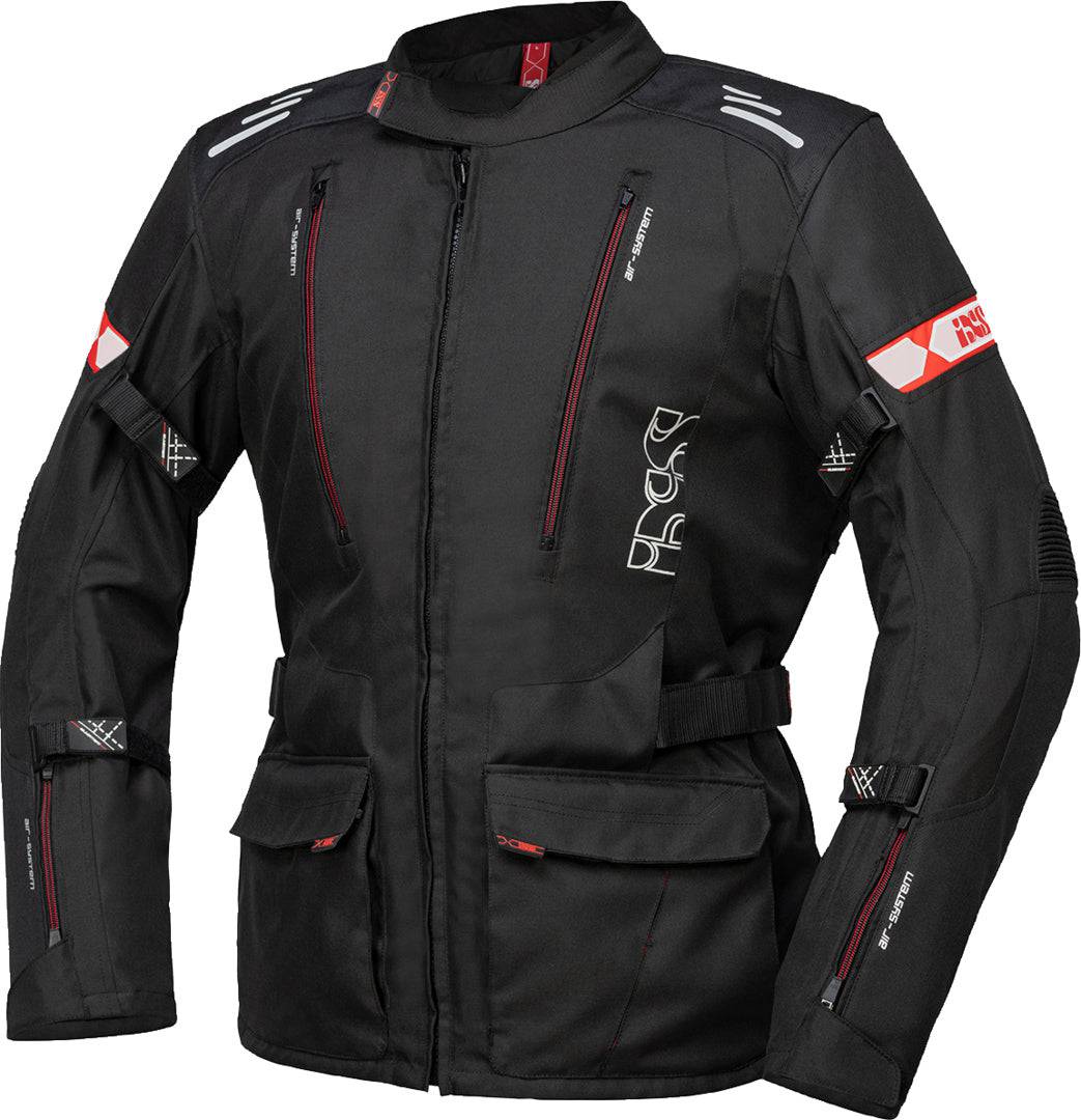 Schwarze und rote iXS Tour Adventure Jacke Lorin-ST für Damen, wetterfeste Outdoor-Jacke mit reflektierenden Details