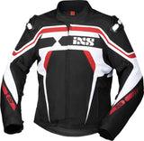 Schwarze, weiße und rote iXS Tourenjacke Sport RS-700-ST mit reflektierenden Elementen, Nahaufnahme der Vorderseite