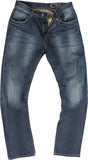 Blaue iXS Clayborne Tourenhose aus robustem Denim mit verstellbaren Bund und reflektierenden Elementen, geeignet für Motorradtouren.