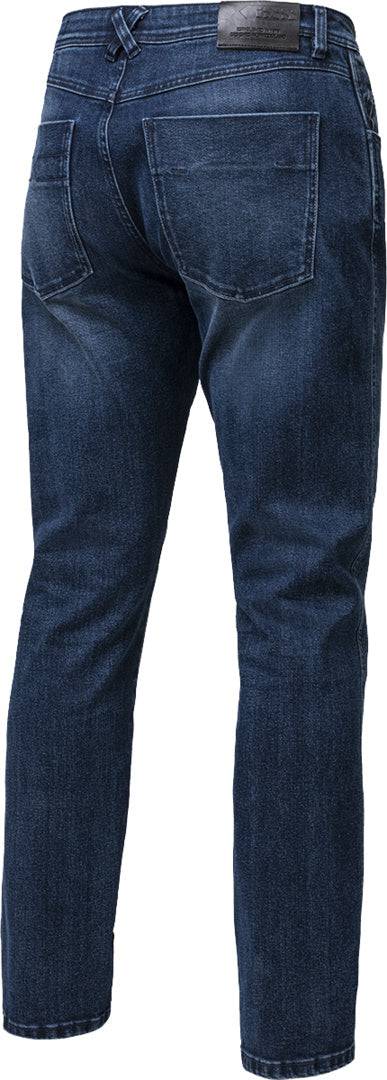Blaue iXS Classic AR Jeans 1L gerade Passform, Hosen-Classic, auf einem modellierten Bein liegend.