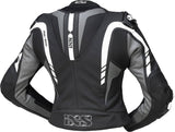 iXS Sport LD Damen Lederkombi RS-800 1.0, 2-teilig in schwarz-grau-weiß, zeigt Ober- und Unterteile der sportlichen Motorrad-Kombi